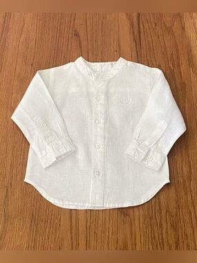 Tutto Piccolo Linen White Long-Sleeve Button-Up Shirt with Mandarin Collar